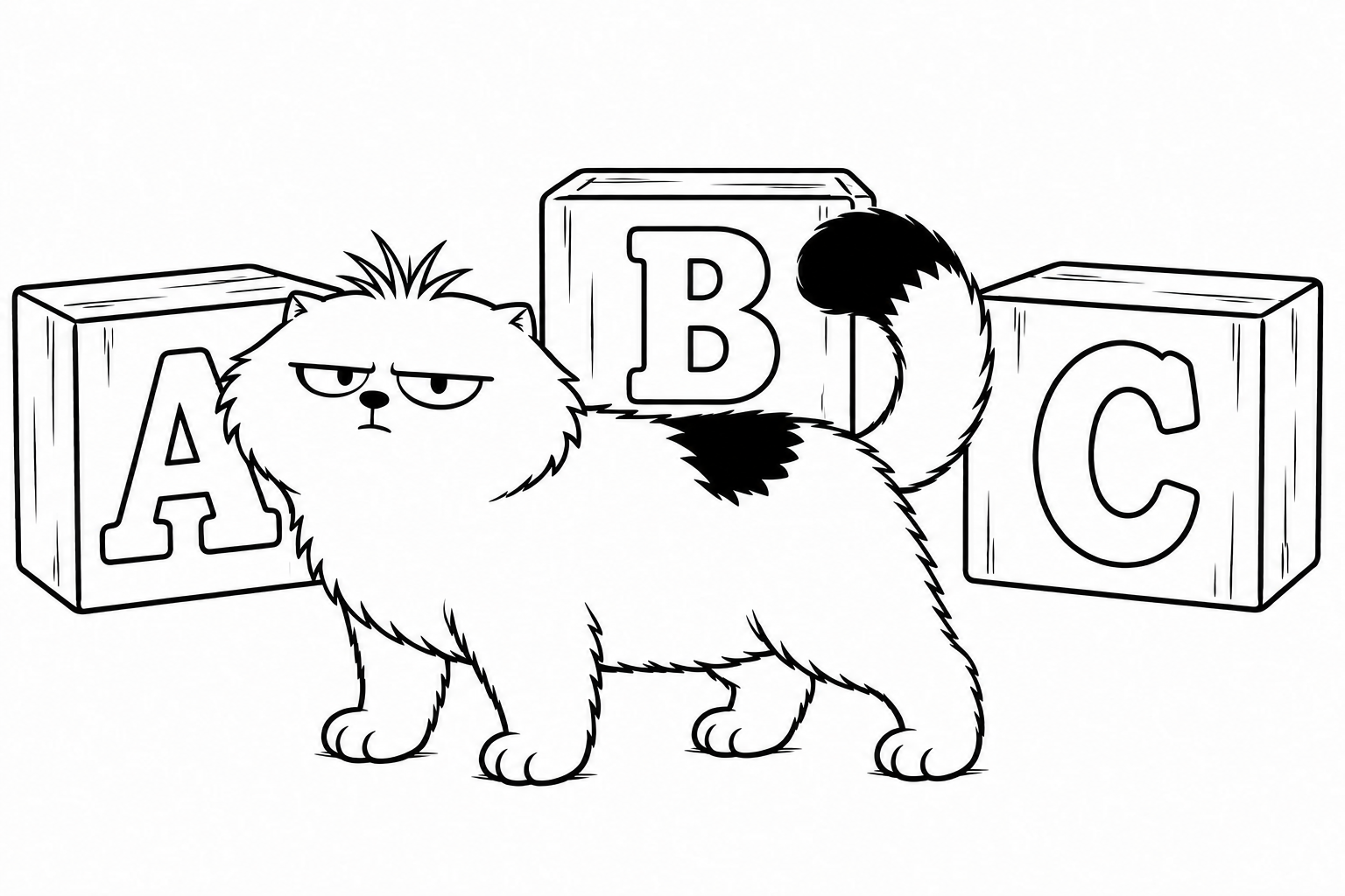 Gato, a scruffy white cat with black patches, surveys three answer blocks with a flat, unimpressed stare.