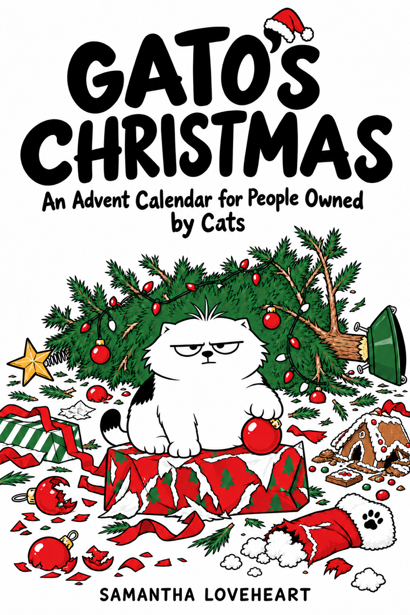 Gato’s Christmas by Samantha Loveheart. Gato sits in front of a toppled Christmas tree.